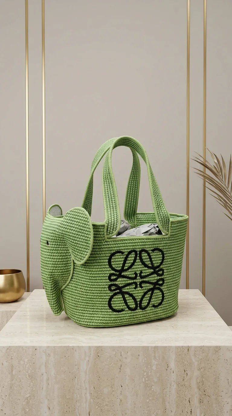 Elephant basket in raffia and calfskin Green - EliteLux Outlet