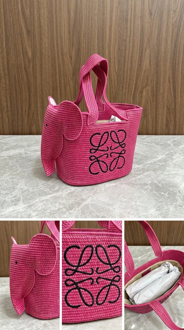 Elephant basket in raffia and calfskin Pink - EliteLux Outlet