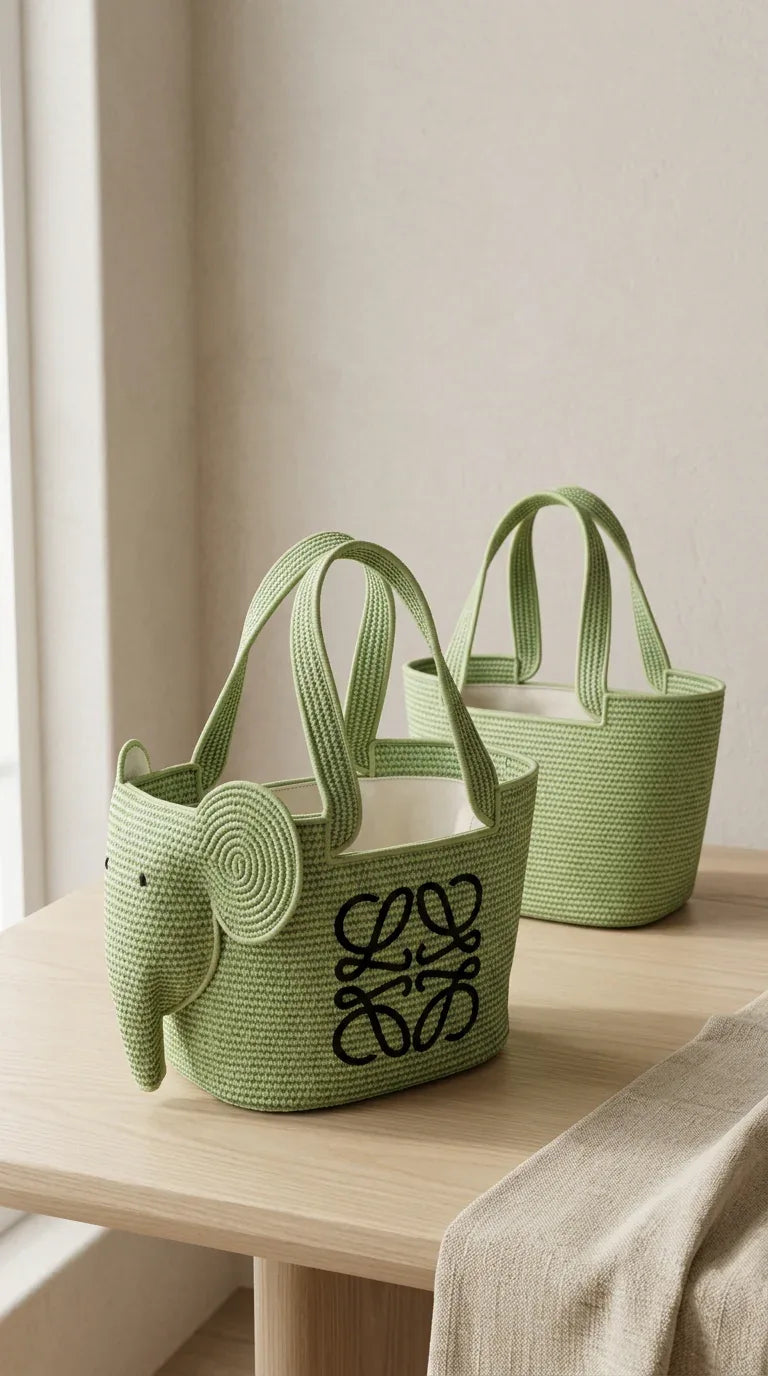Elephant basket in raffia and calfskin Green - EliteLux Outlet
