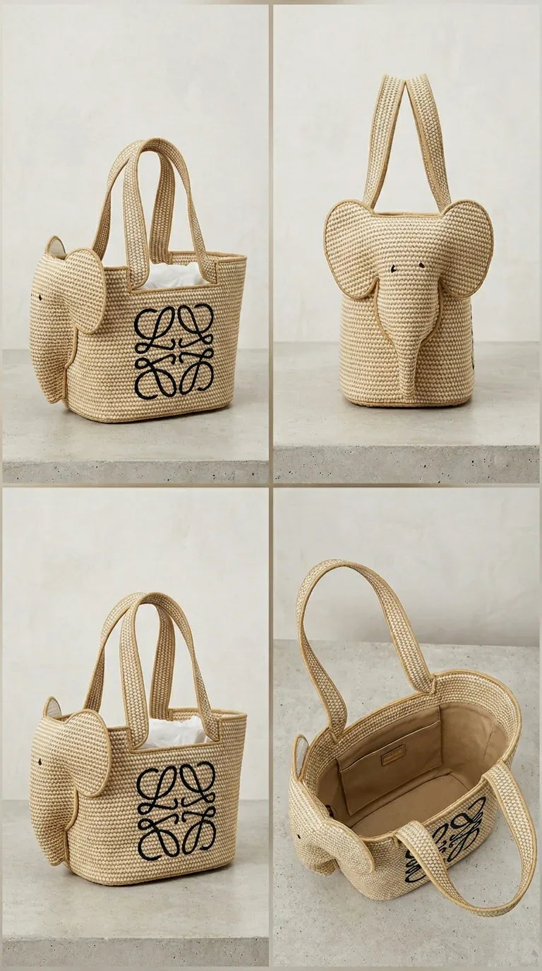 Elephant basket in raffia and calfskin Beige - EliteLux Outlet