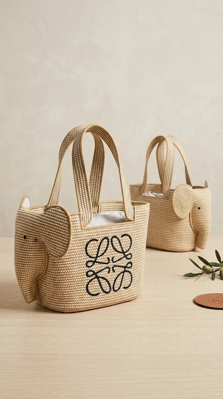 Elephant basket in raffia and calfskin Beige - EliteLux Outlet