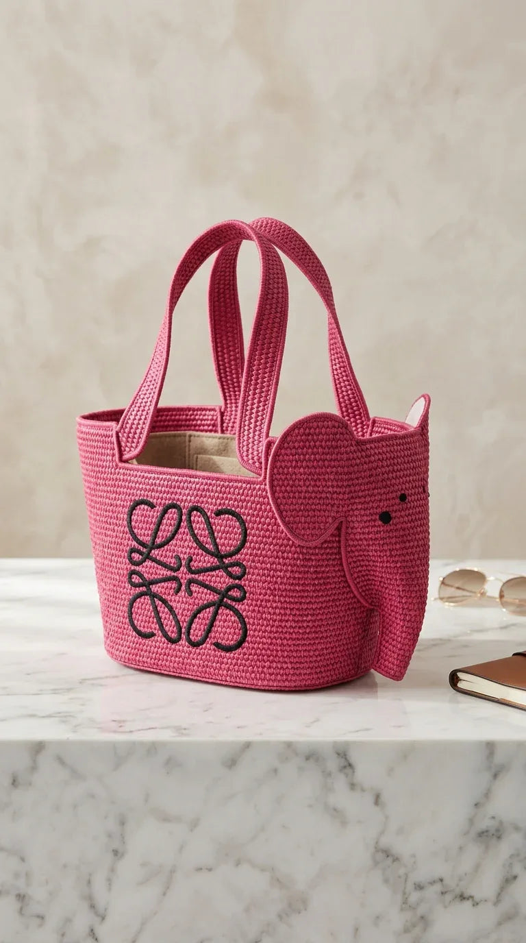Elephant basket in raffia and calfskin Pink - EliteLux Outlet