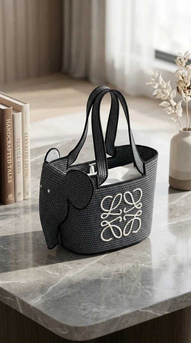 Elephant basket in raffia and calfskin Black - EliteLux Outlet