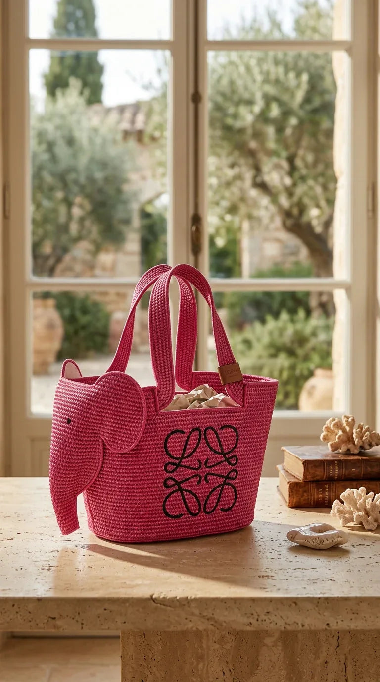 Elephant basket in raffia and calfskin Pink - EliteLux Outlet