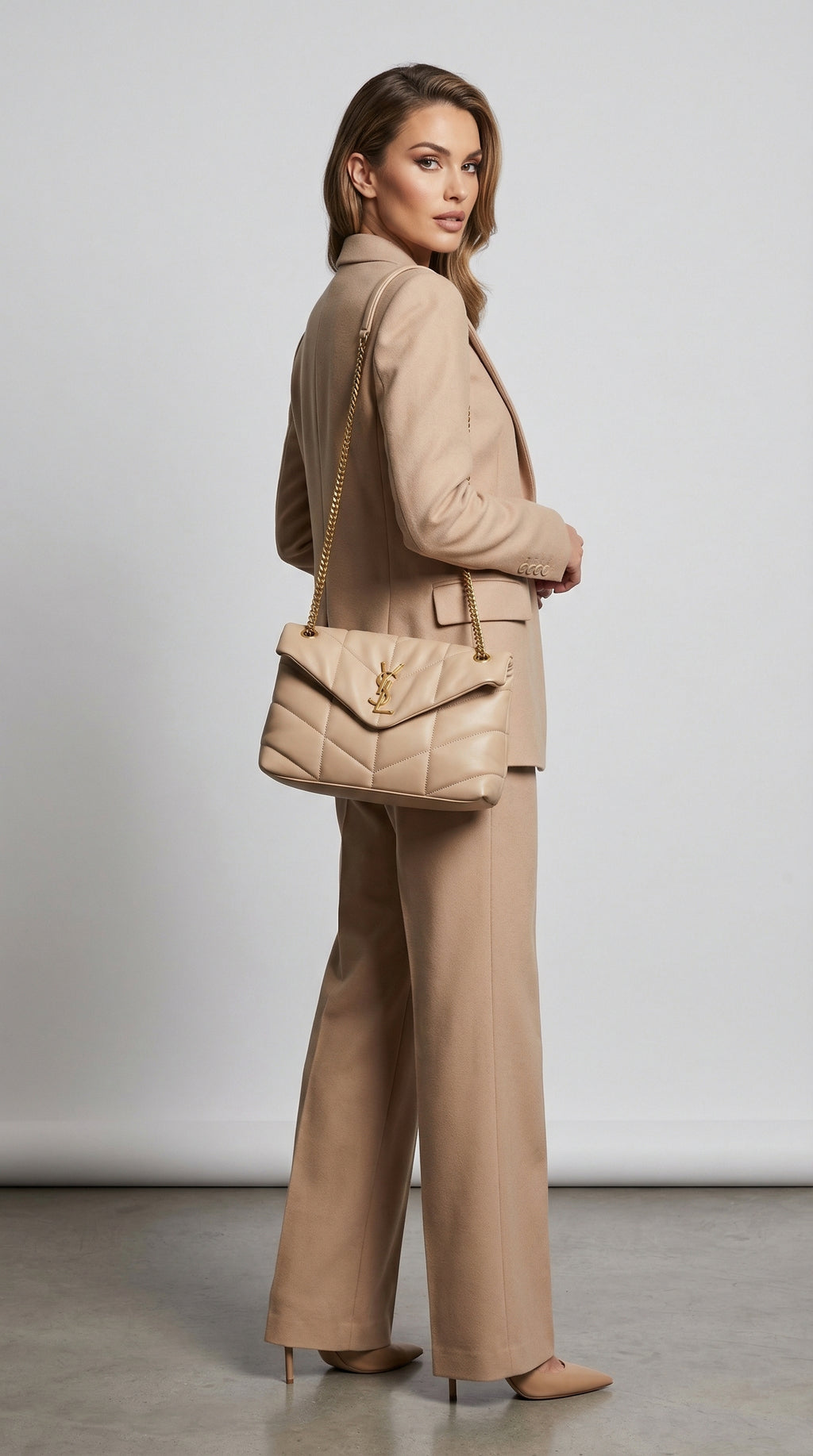 Quilted Flap Shoulder Bag – Beige Chevron Leather (Gold Hardware)