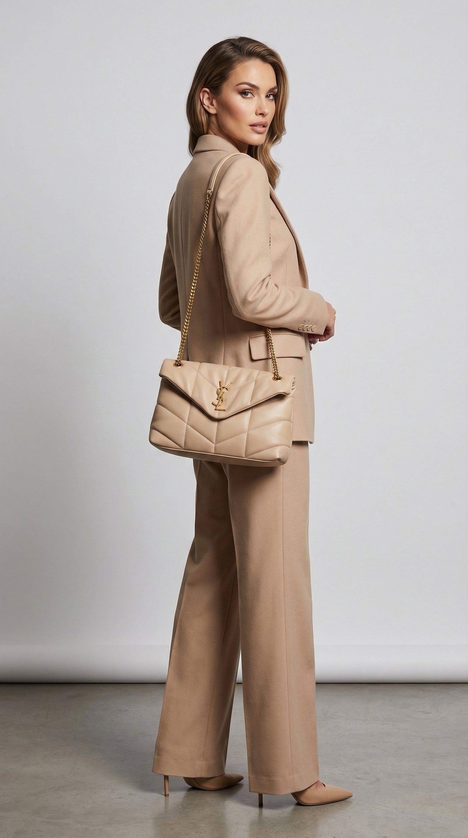 Quilted Flap Shoulder Bag – Beige Chevron Leather (Gold Hardware)