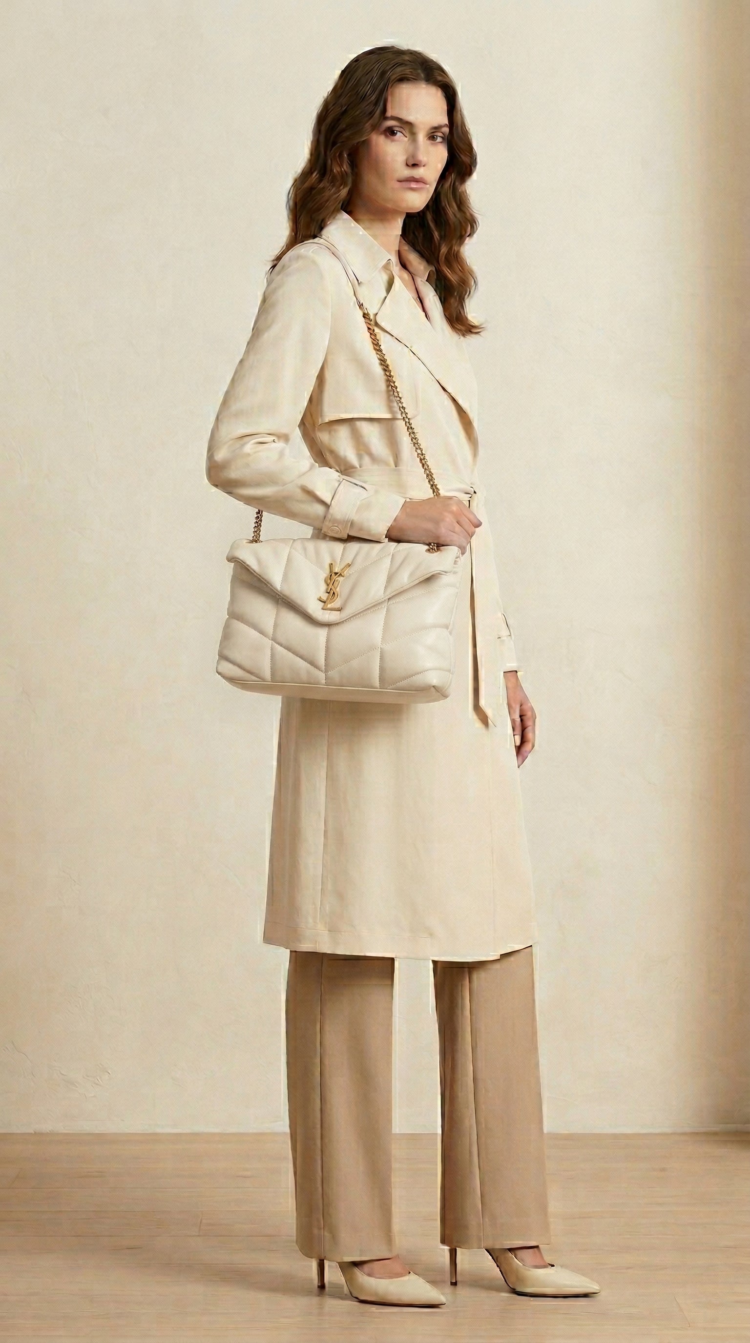Quilted Flap Shoulder Bag – Cream Chevron Leather (Gold Hardware)