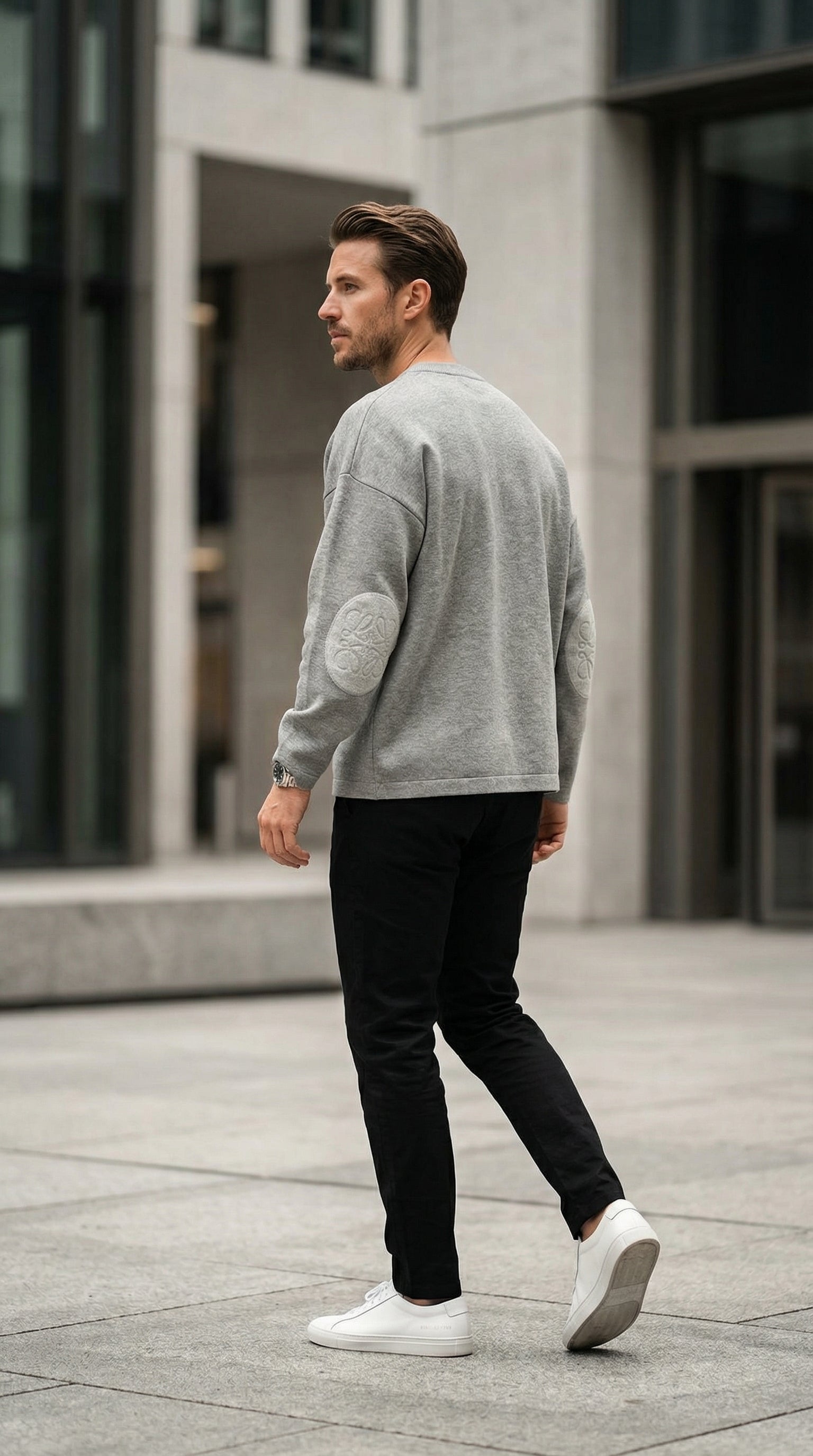 Textured Sleeve Wool Knit Sweater - Grey