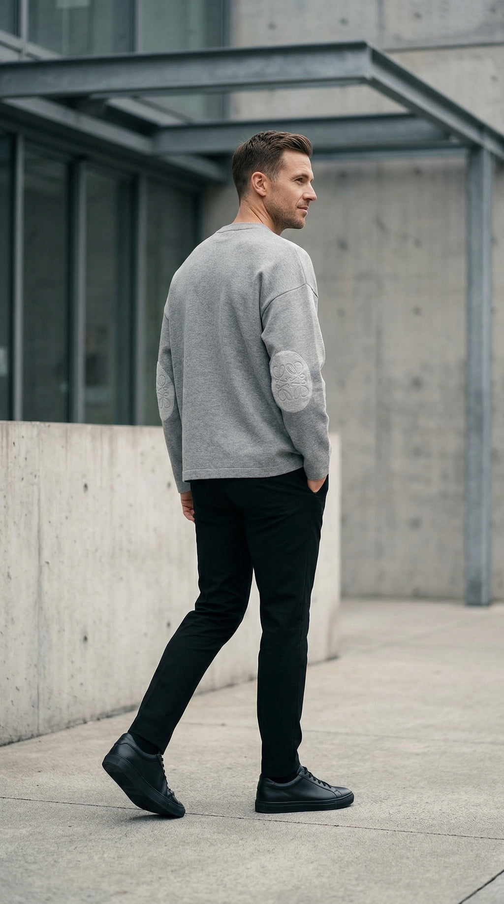 Textured Sleeve Wool Knit Sweater - Grey