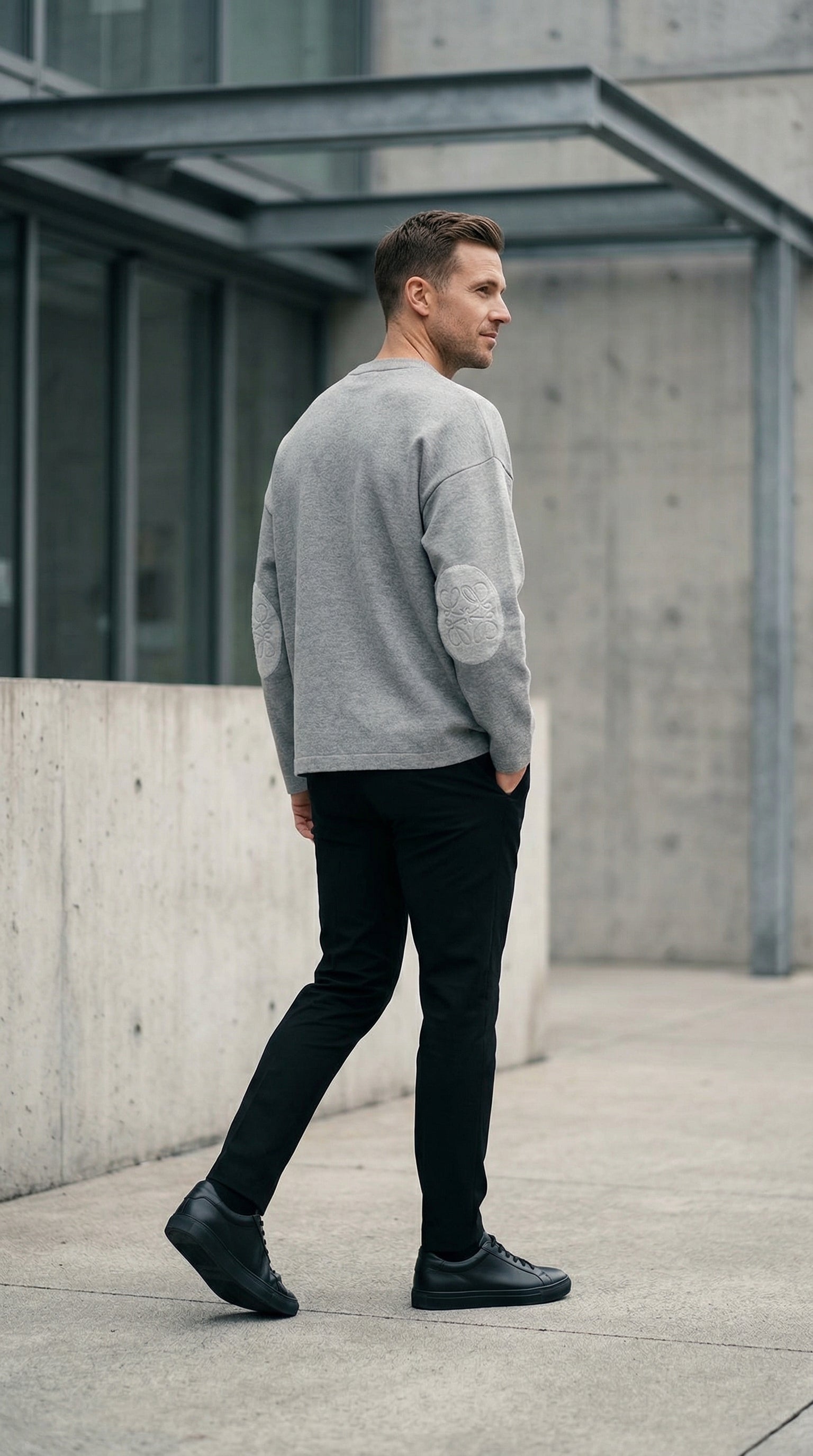 Textured Sleeve Wool Knit Sweater - Grey