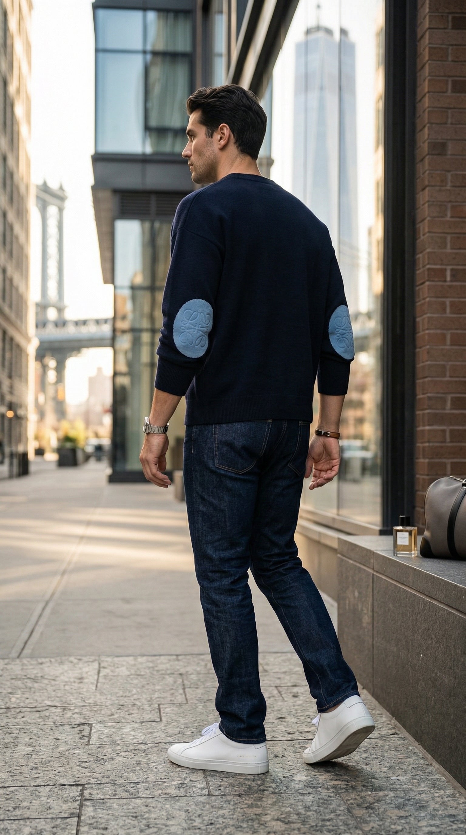Textured Sleeve Wool Knit Sweater - Blue