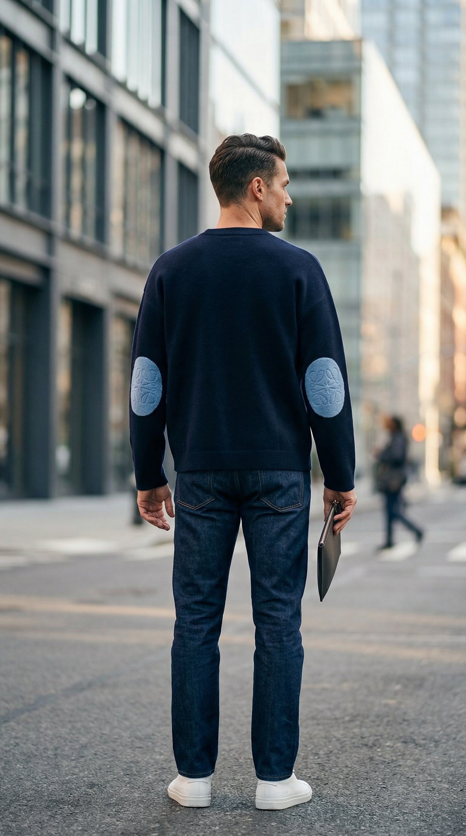 Textured Sleeve Wool Knit Sweater - Blue