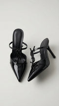 Pointed Toe Leather Mules – Black Metal
