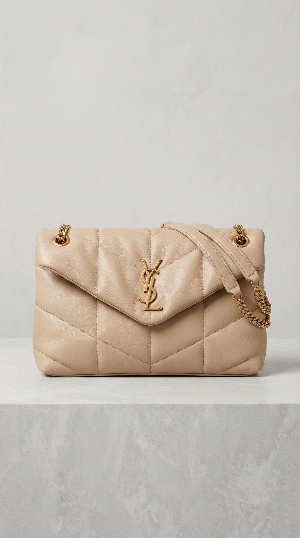 Quilted Flap Shoulder Bag – Beige Chevron Leather (Gold Hardware)