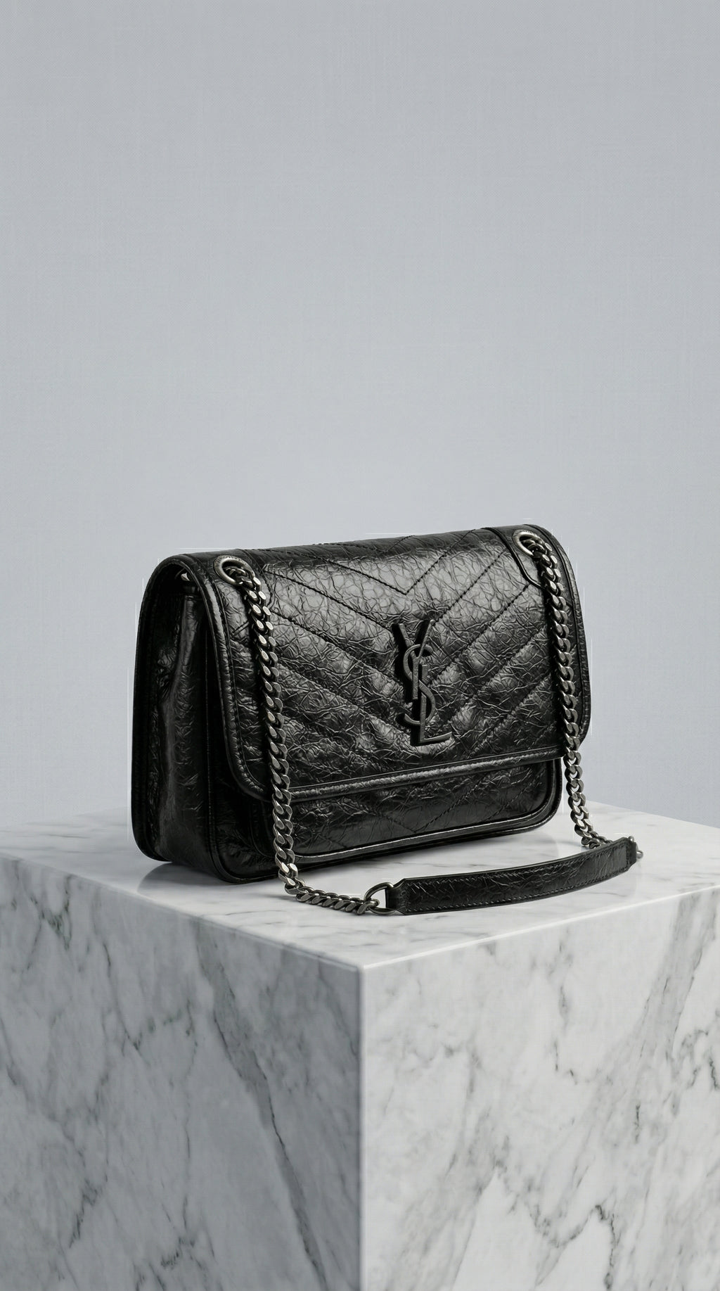 Chain Shoulder Bag – Black Crinkled Leather