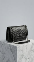 Chain Shoulder Bag – Black Crinkled Leather