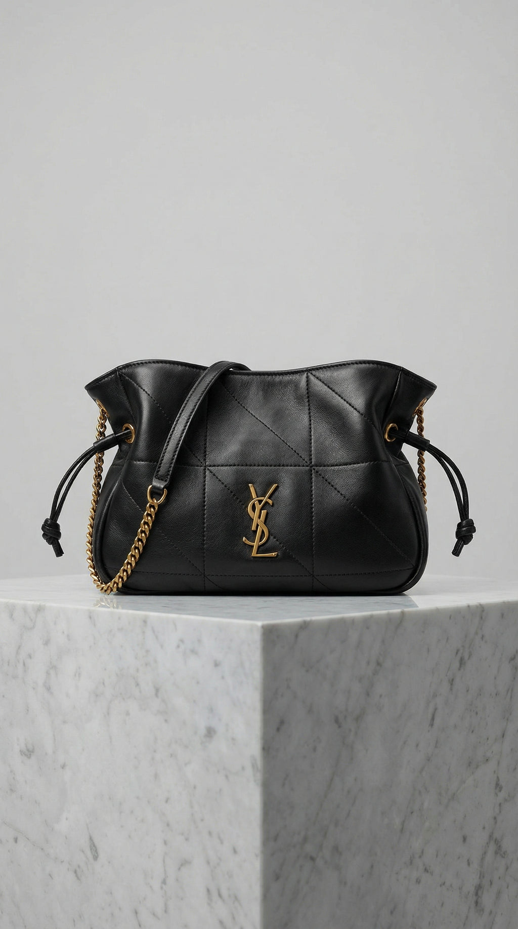 Drawstring Mini Bag – Black Quilted Leather