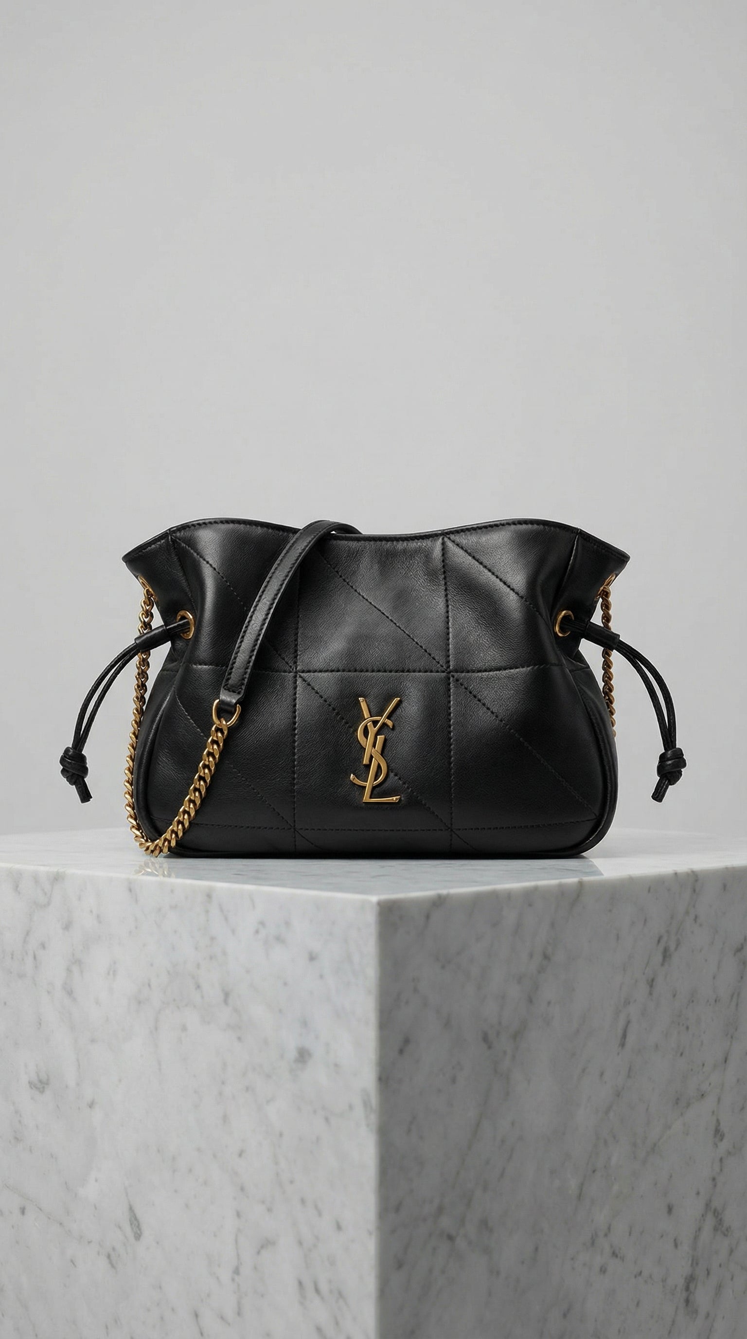 Drawstring Mini Bag – Black Quilted Leather
