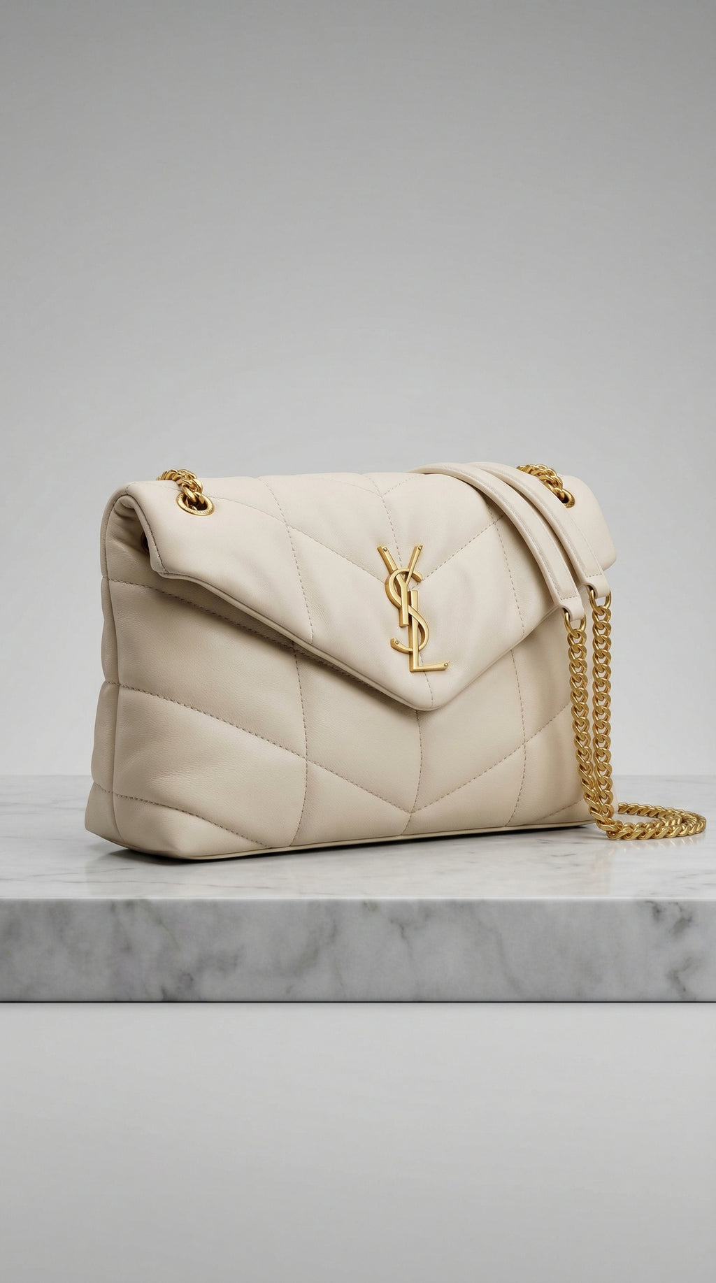 Quilted Flap Shoulder Bag – Cream Chevron Leather (Gold Hardware)