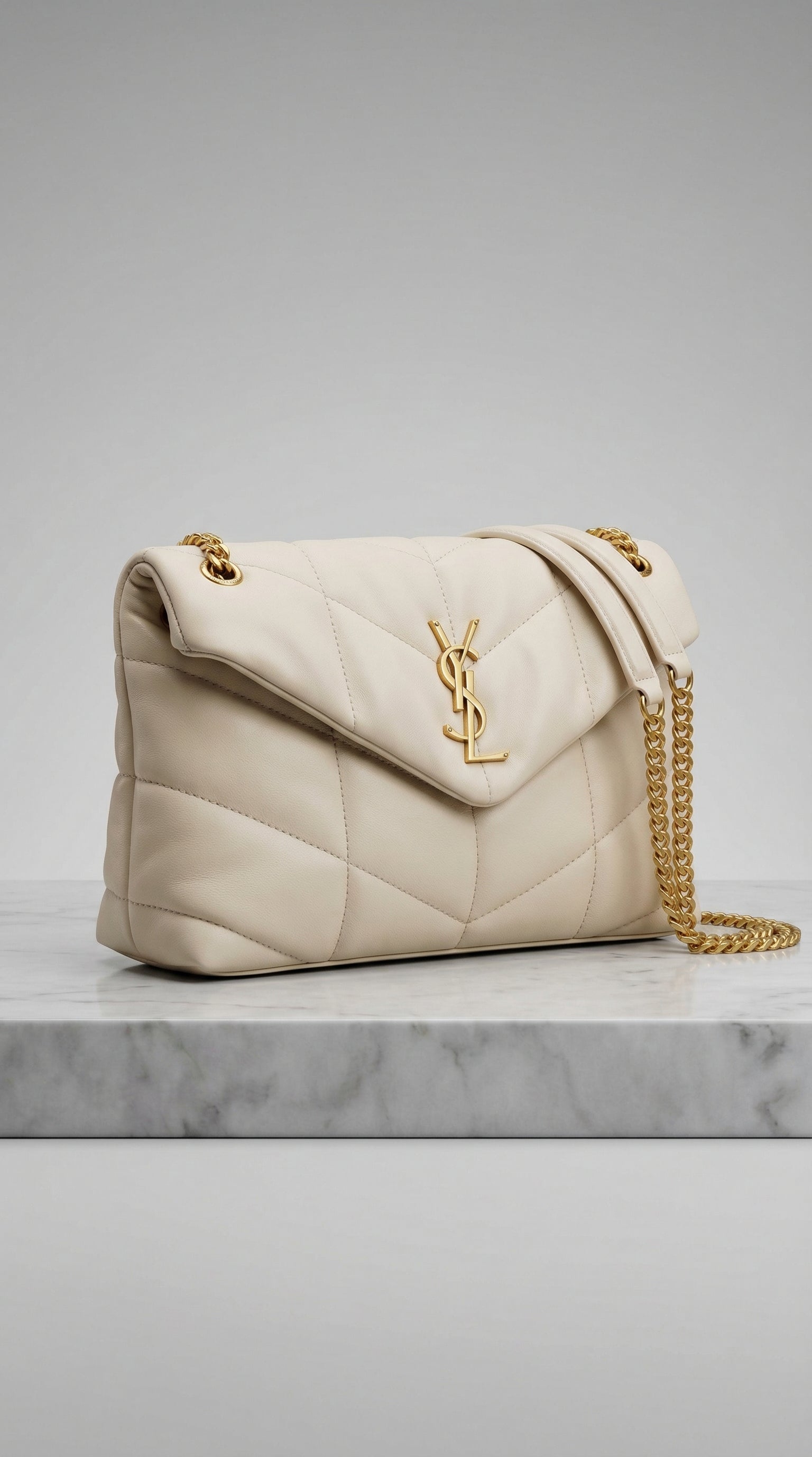 Quilted Flap Shoulder Bag – Cream Chevron Leather (Gold Hardware)