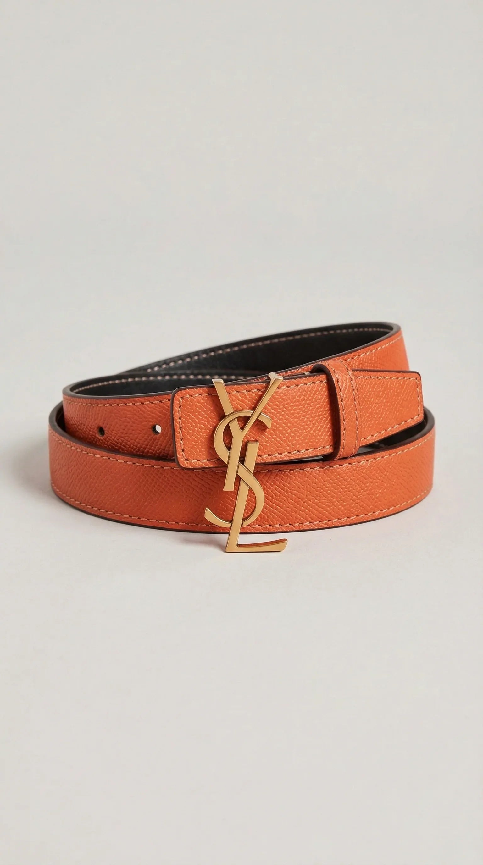Cassandre Logo Leather Belt – Orange / Black (Gold Hardware) - EliteLux Outlet