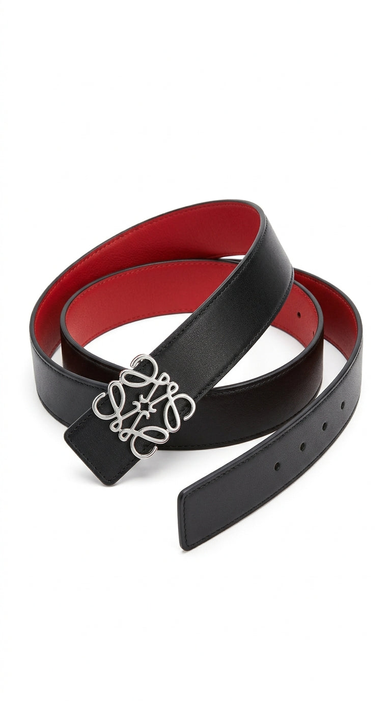 Reversible Smooth Leather Belt - Black/red/silver