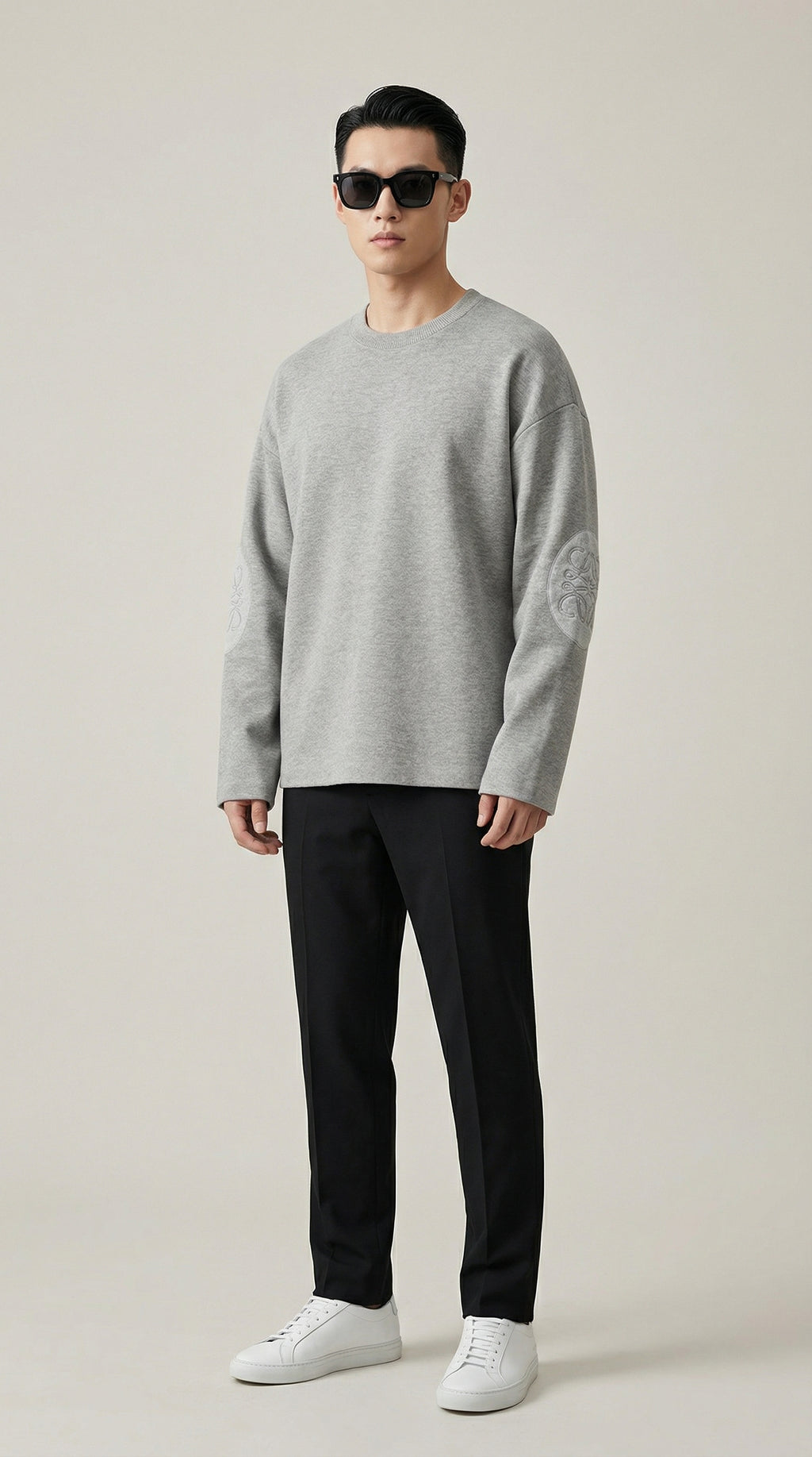 Textured Sleeve Wool Knit Sweater - Grey
