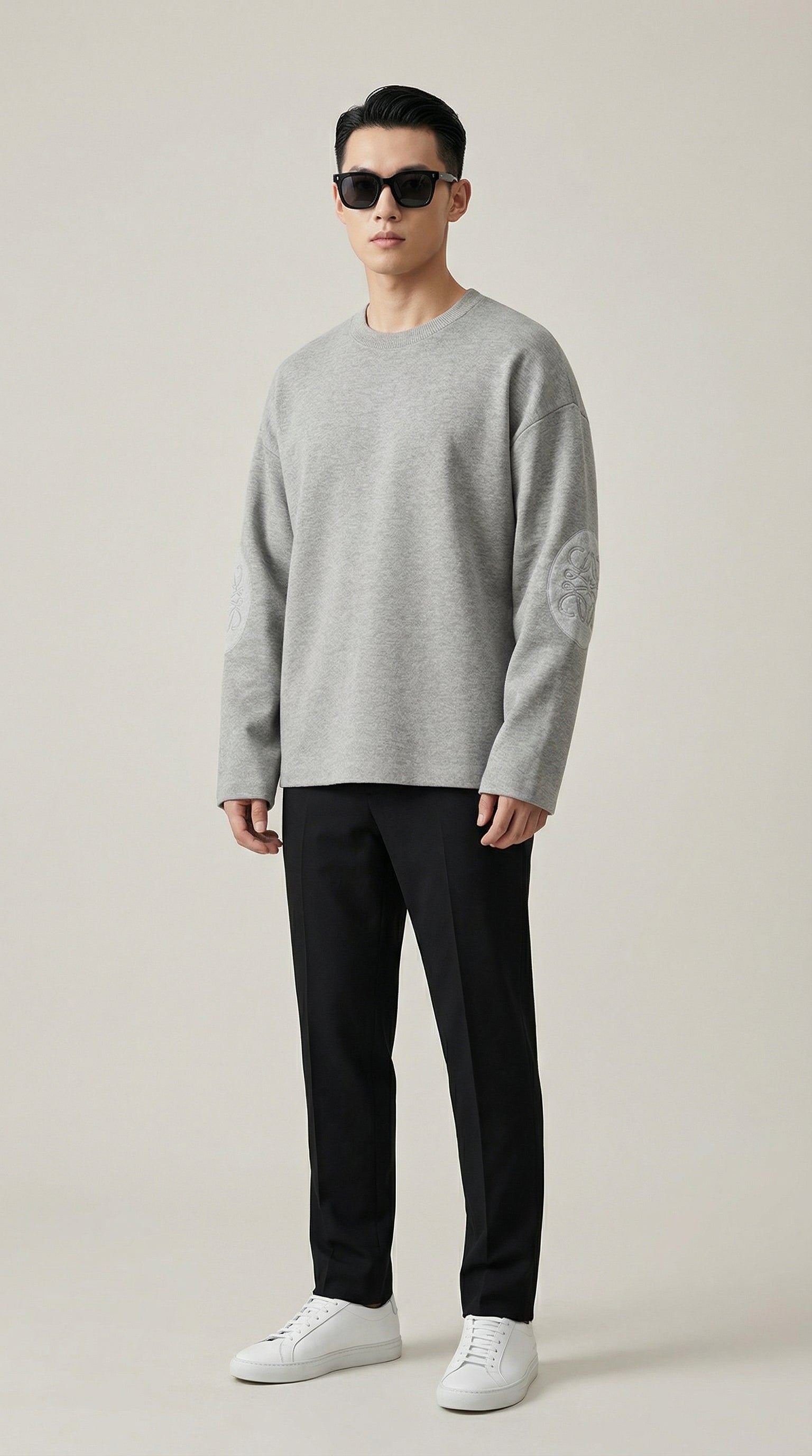 Textured Sleeve Wool Knit Sweater - Grey