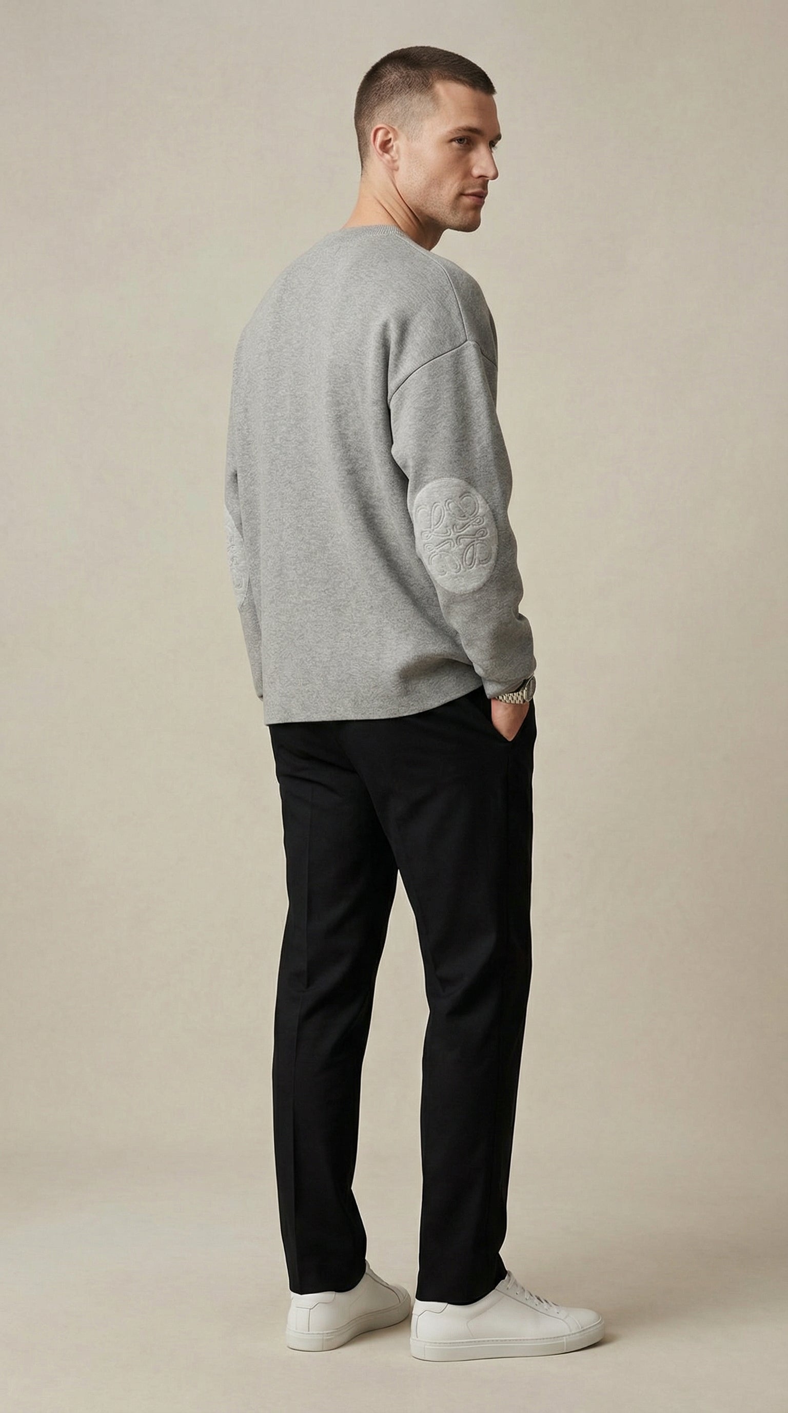 Textured Sleeve Wool Knit Sweater - Grey