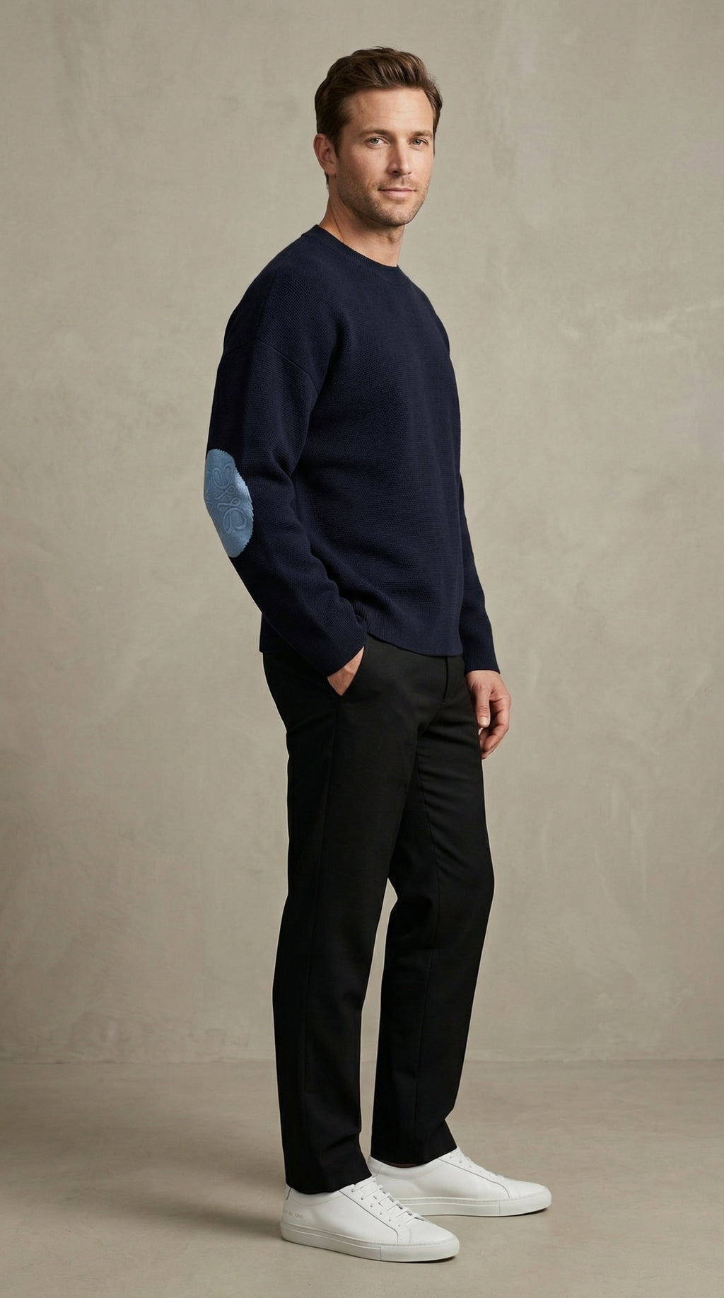 Textured Sleeve Wool Knit Sweater - Blue