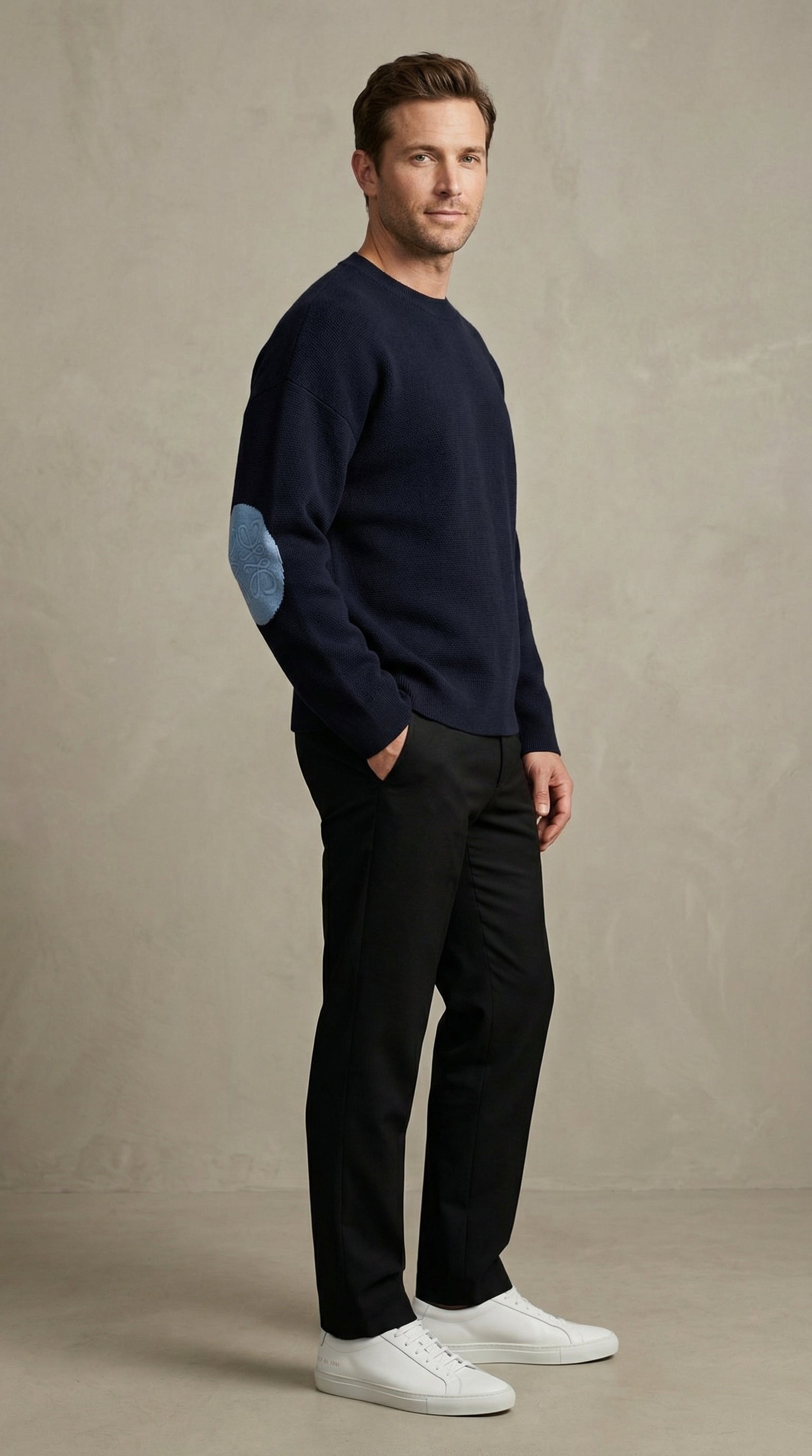 Textured Sleeve Wool Knit Sweater - Blue