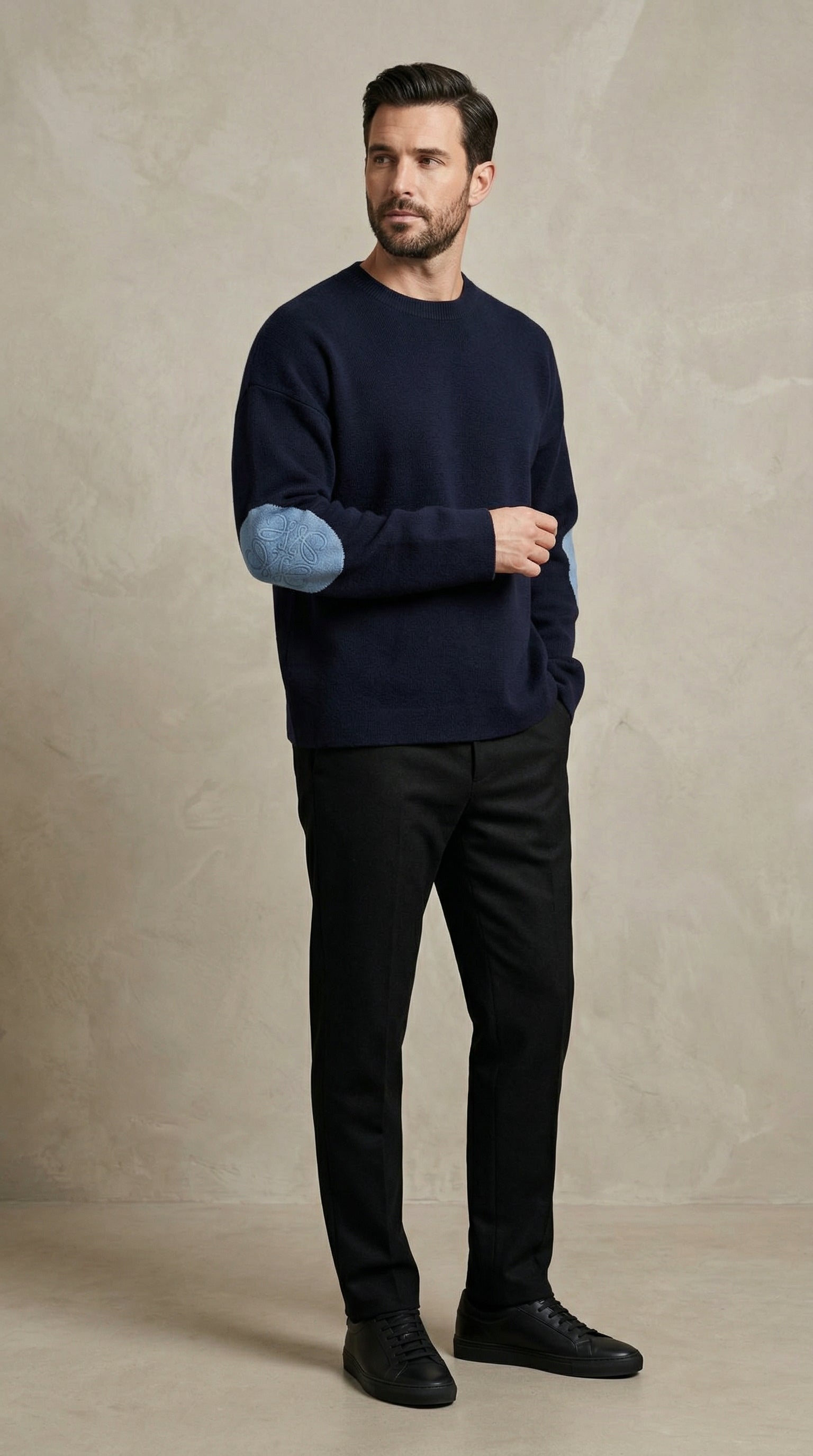 Textured Sleeve Wool Knit Sweater - Blue