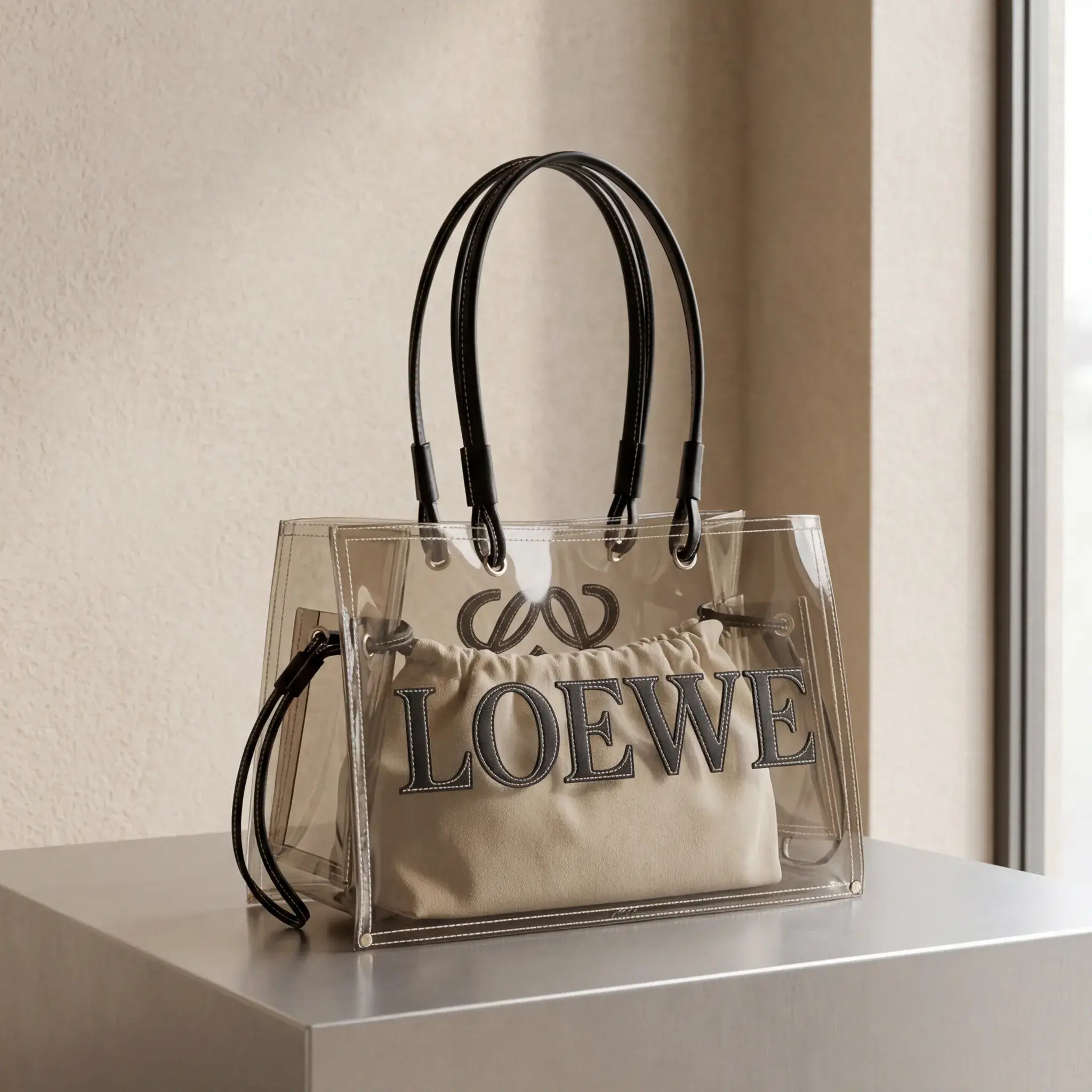 PVC and Leather Tote Bag - Beige