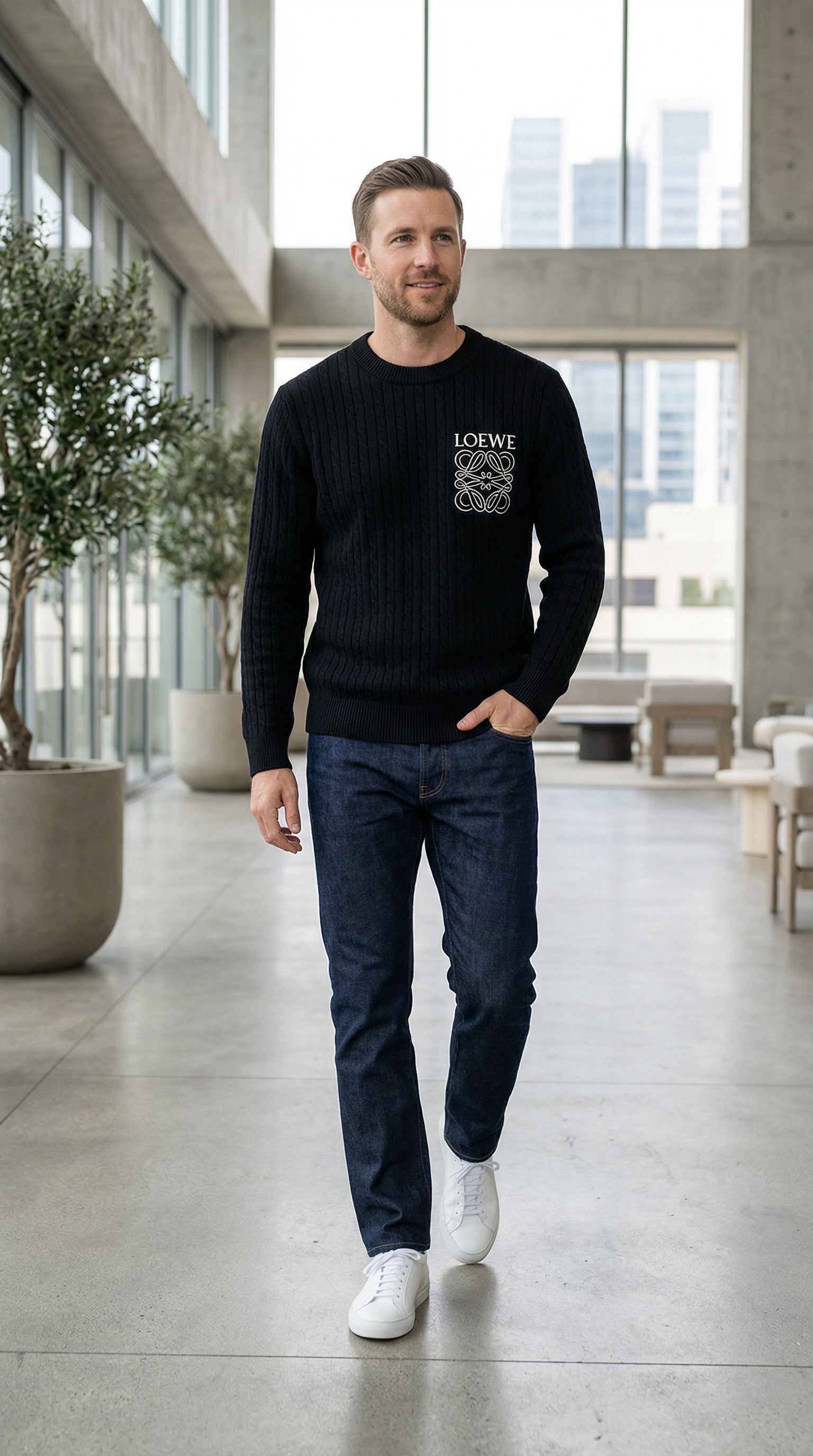 Textured Cable Knit Sweater -  Black