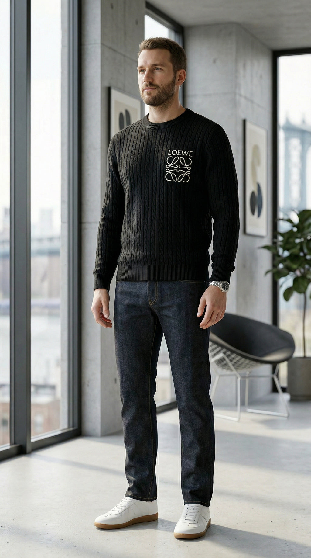 Textured Cable Knit Sweater -  Black