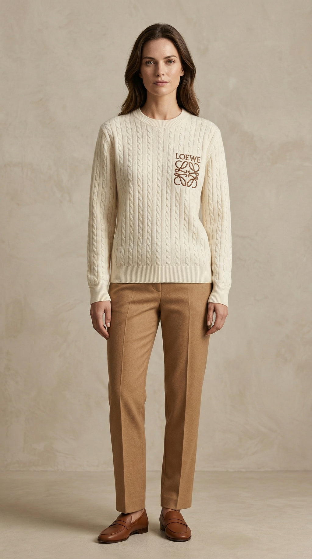 Textured Cable Knit Sweater - Beige