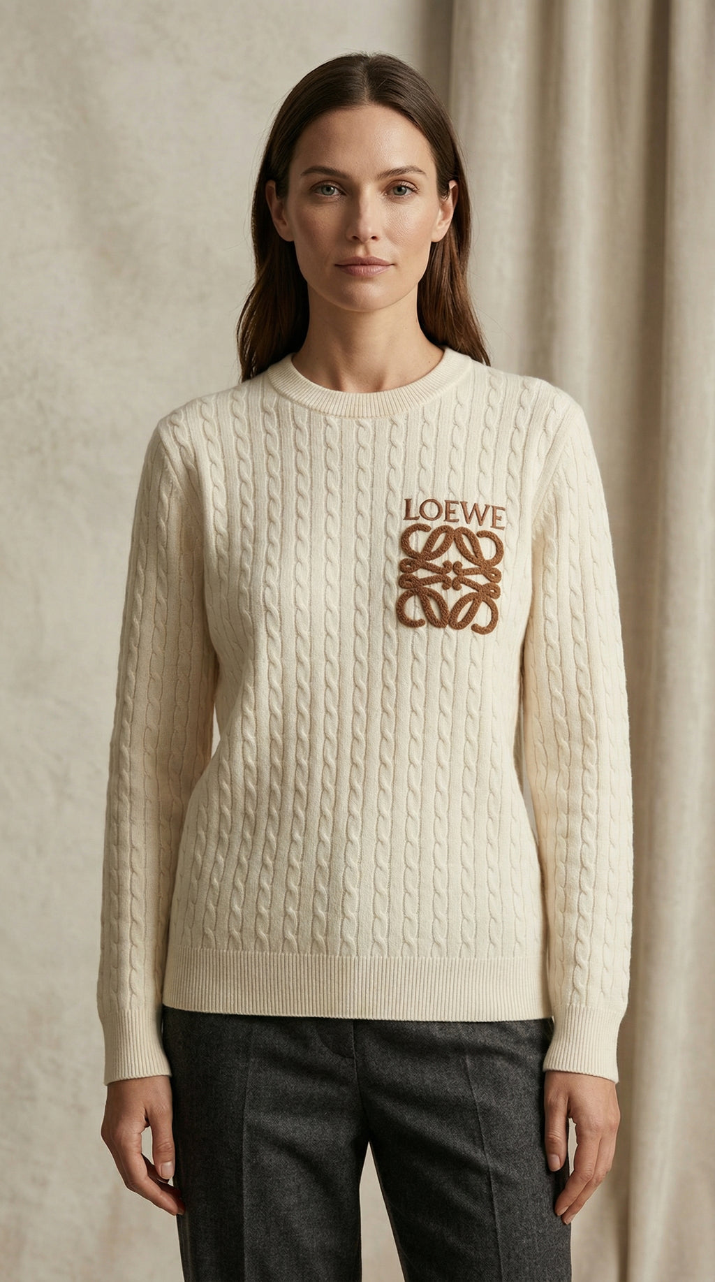 Textured Cable Knit Sweater - Beige