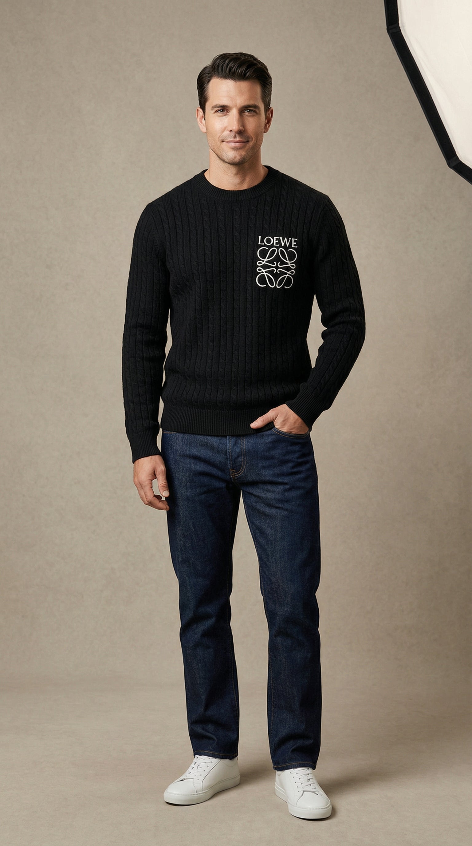 Textured Cable Knit Sweater -  Black