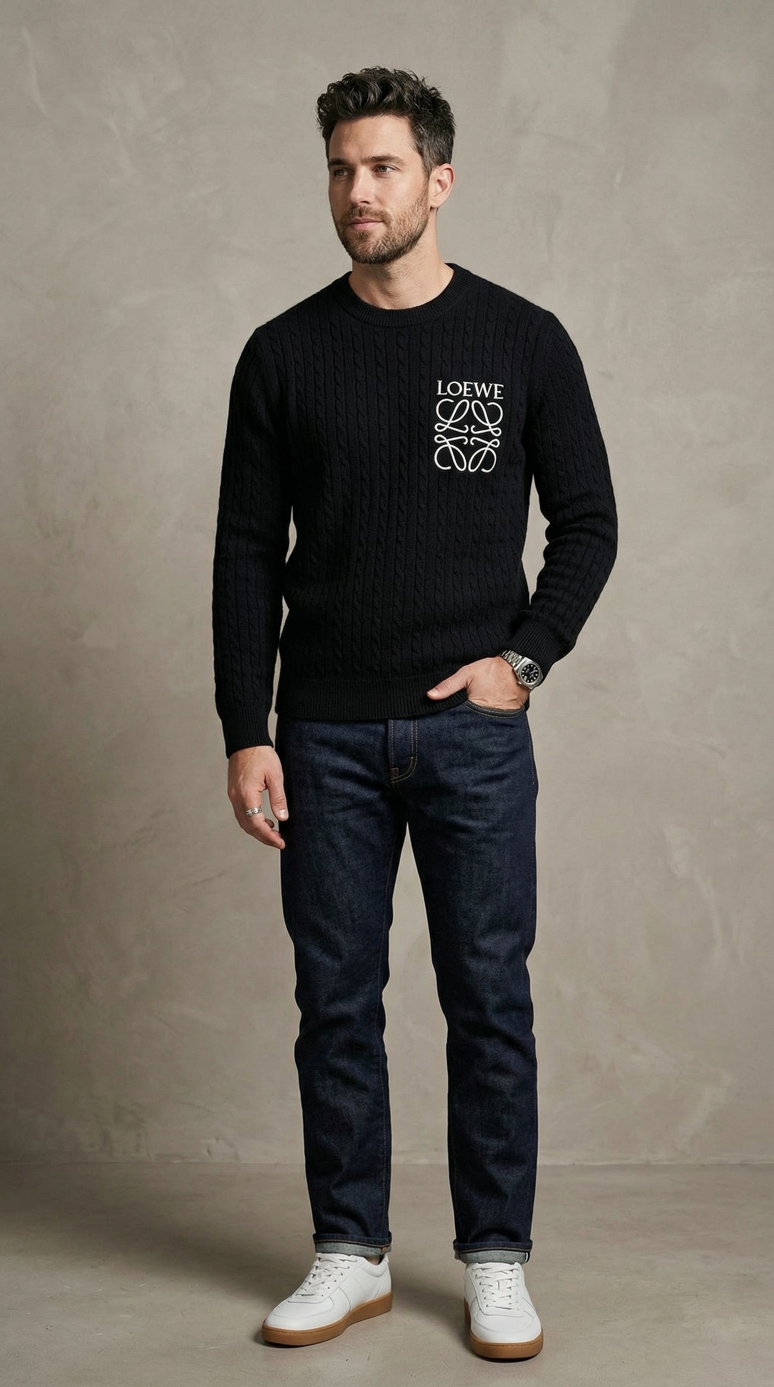Textured Cable Knit Sweater -  Black