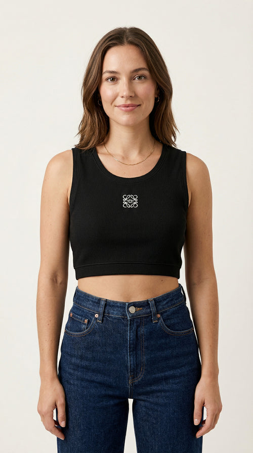 Cropped Ribbed Tank Top - Black