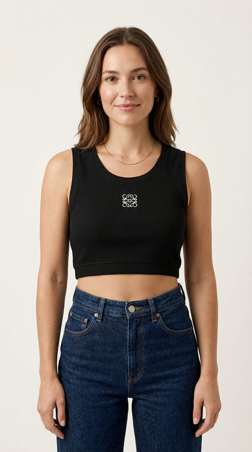 Cropped Ribbed Tank Top - Black